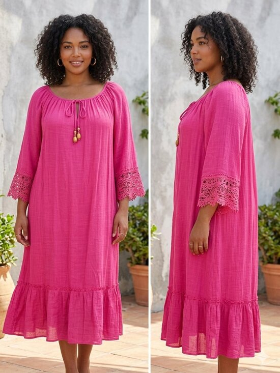 Mlle Gabrielle Dresses & Skirts - Mlle Gabrielle Fuchsia Pink Eyelet Embroidered Arm Maxi Peasant Dress - Size 2XL